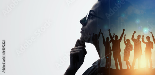 Success of business concept. Positive business. Double exposure of group of multinational businesspeople. Wide angle visual for banners or advertisements. photo