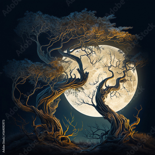 Gloomy graphic illustration of gnarled trees on the background of the moon. High quality illustration