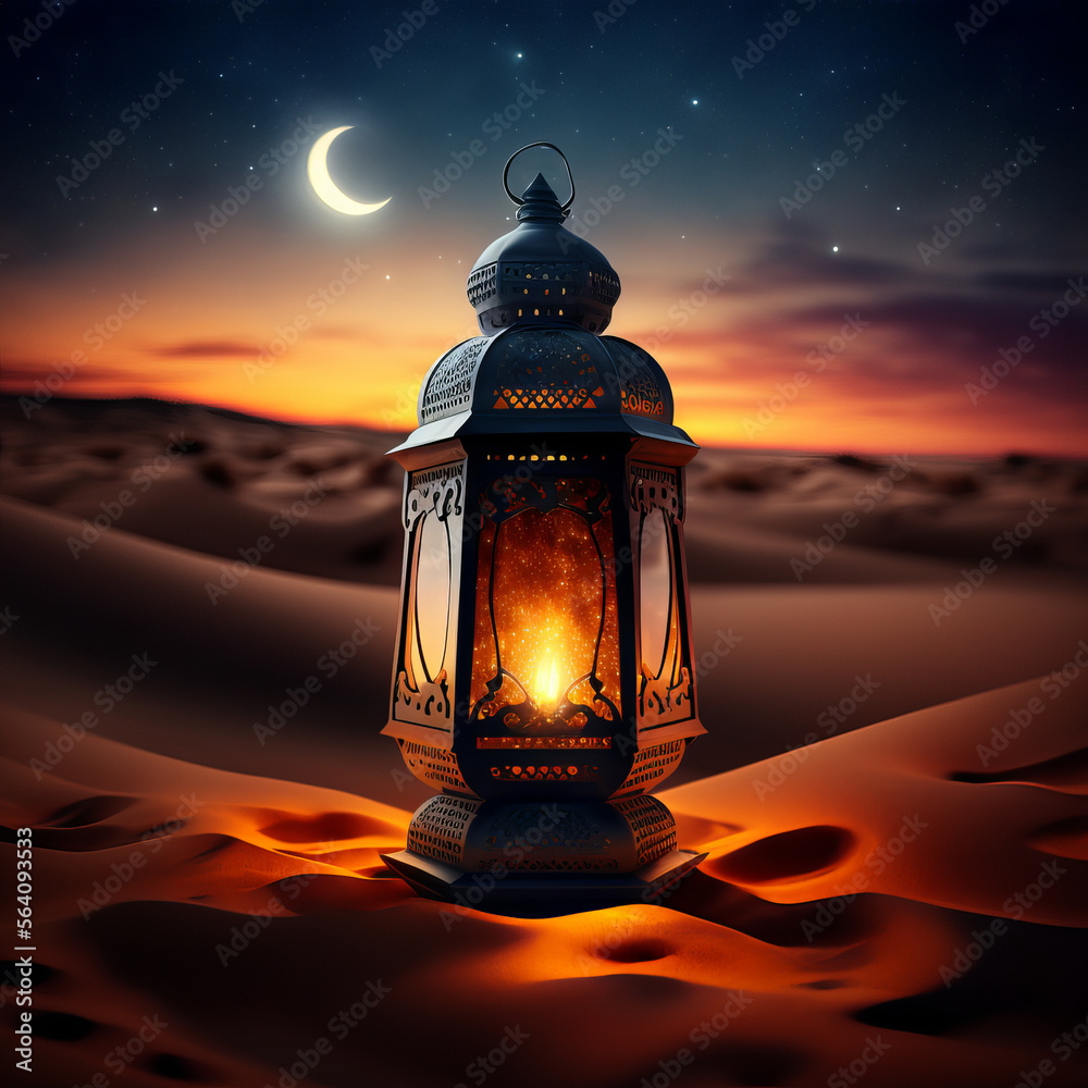 Arabic lantern in a desert. Holy month of Ramadan concept. Dusk sky