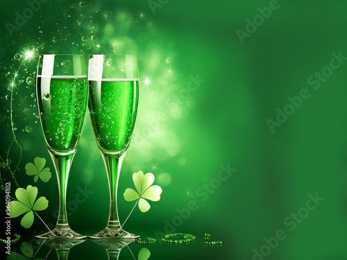 Vászonkép Saint Patrick's Day Celebration two glasses of champagne sparkling wine, green with shinny bright  bokeh shamrocks
