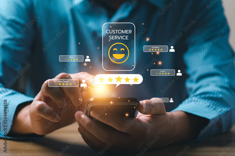 Customer review satisfaction feedback survey concept. Business people rate service experience and product quality or staff friendliness and overall value for the price. information, amend, improve - obrazy, fototapety, plakaty 