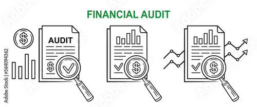 Financial audit assessment result, finance business accounting analytics, auditor statistics line icon set. Document with chart under magnifying glass. Control money payment, balance analysis. Vector