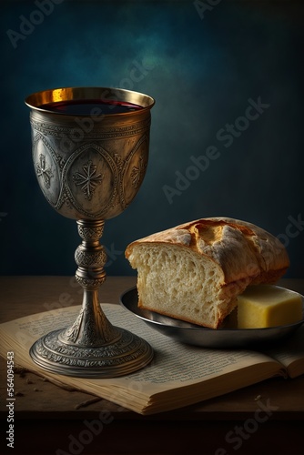 illustration of Red Wine in a chalice with bread and the Bible. generative AI