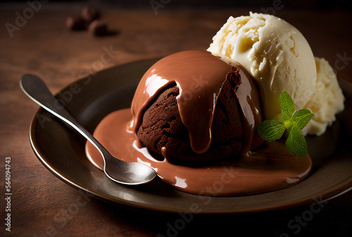 Chocolate fondant with ice cream. Closeup.