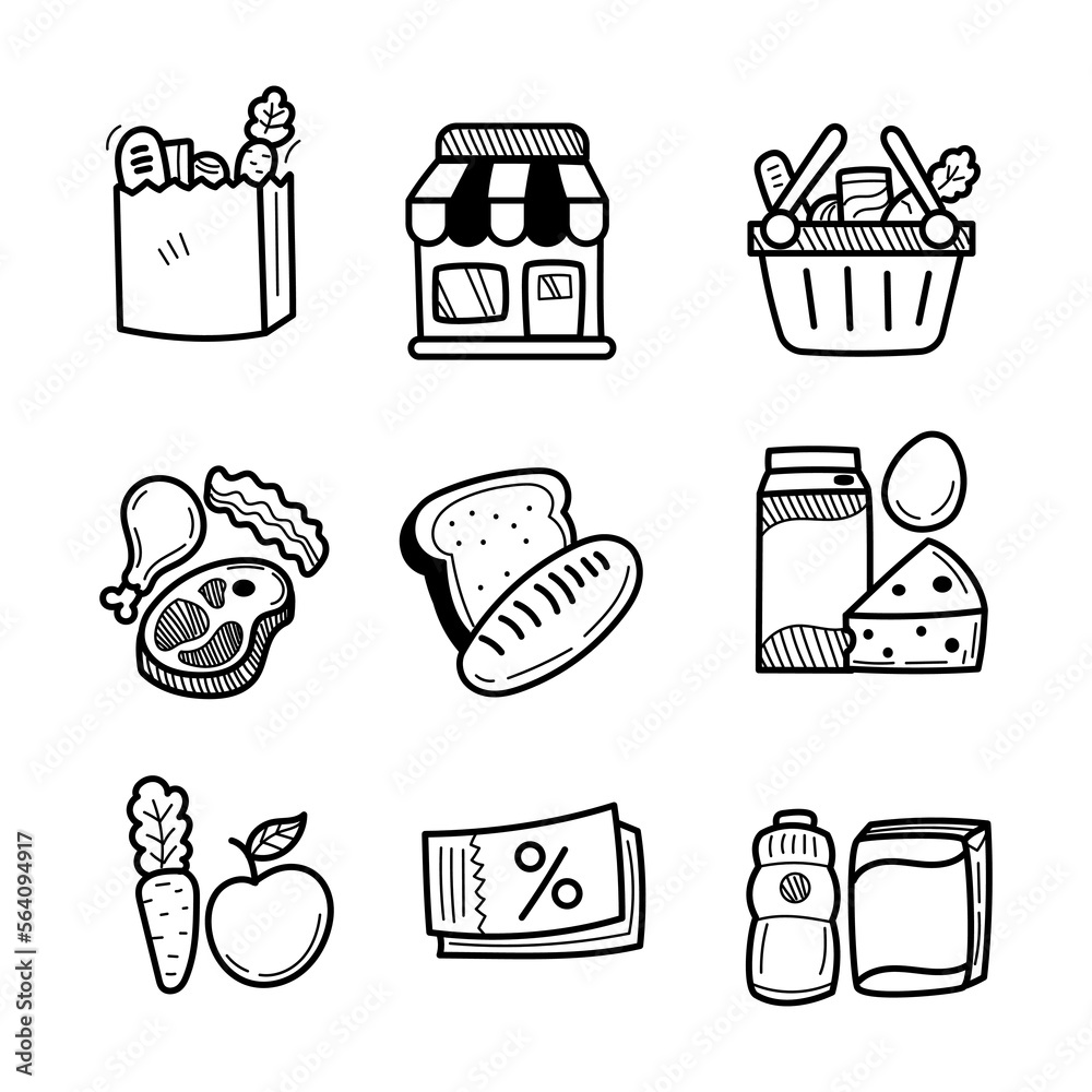Set of grocery icons with doodle style isolated on white background