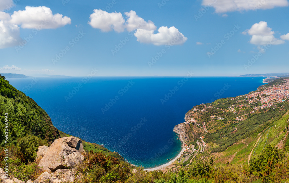 Summer picturesque Tyrrhenian sea Calabrian coast view from Monte Saint Elia (Saint Elia mount, Calabria, Italy) top.