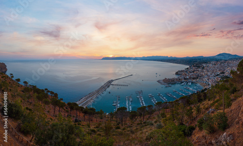 Early morning view to Tyrrenian sea bay, Castellammare del Golfo and Alcamo town and pier from Localita Belvedere Castellammare del Golfo (Trapani region, Sicily, Italy). photo