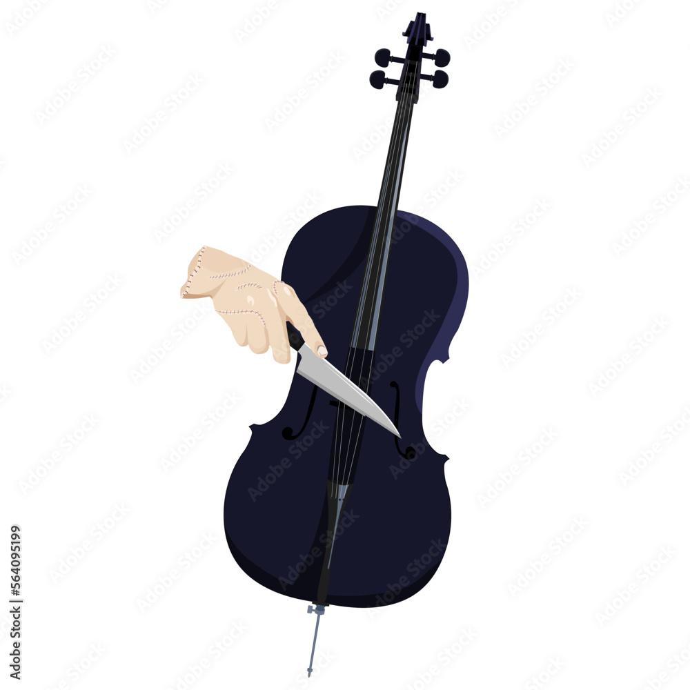 Vecteur Stock Character Thing plays the cello, TV series Wednesday. Severed  hand with stitches, knife, black musical instrument. Vector illustration on  a white background, horror movie, Addams family, Halloween. | Adobe Stock