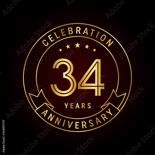 34th anniversary template design concept with golden ribbon for anniversary celebration event. Logo Vector Template