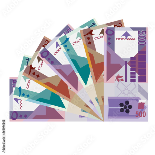 Qatari Rial Vector Illustration. Qatar money set bundle banknotes. Paper money 100, 200, 500 QAR. Flat style. Isolated on white background. Simple minimal design.