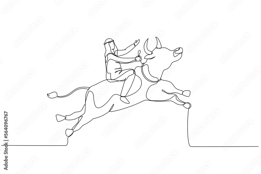 arab man riding a bull going up showing rising and bull market