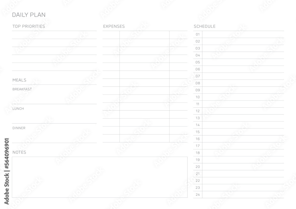 A daily plan design template in a modern, simple, and minimalist style. Note, scheduler, diary, calendar, planner document template illustration. A daily plan design template in a modern, simple, and minimalist style. Note, scheduler, diary, calendar, planner document template illustration.