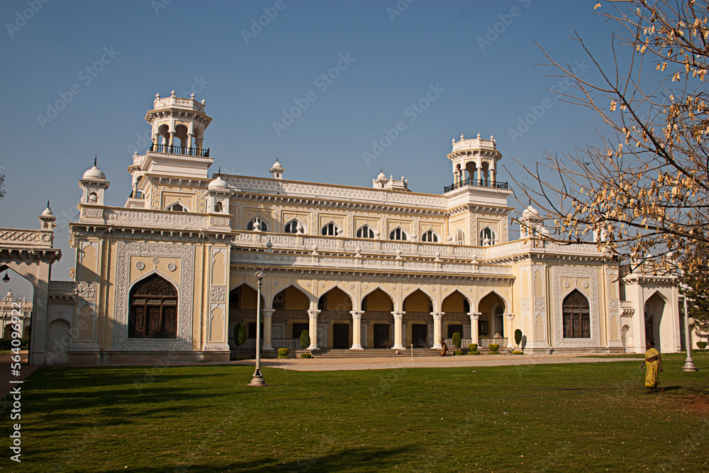 Dreamy white Chowmalla Palace in Hyderabad, India depicting royal lifestyle of Nizams, located in old city near Charminar
