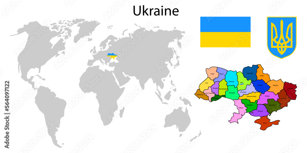 Ukraine world map. National symbol. Vector illustration.