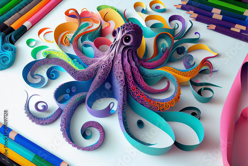 Octopus, Dolphin, Seahorse, pop art style, hyper realistic art, paper cut craft. Generated AI.