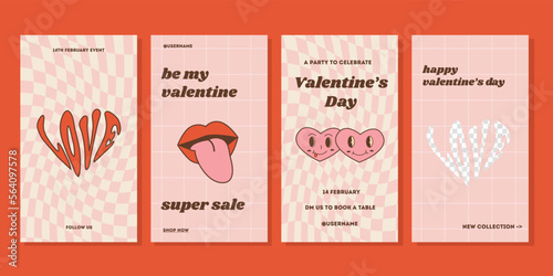Hippie retro vintage Valentine cards in 60s 70s 80s style. Happy Valentines Day greeting card. Social media ig story template for marketing and sale promo. Vertical banners. Vector flat illustration.