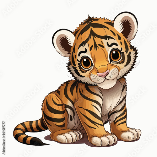 Cute baby little tiger sitting on white background. Vector cartoon illustration.
