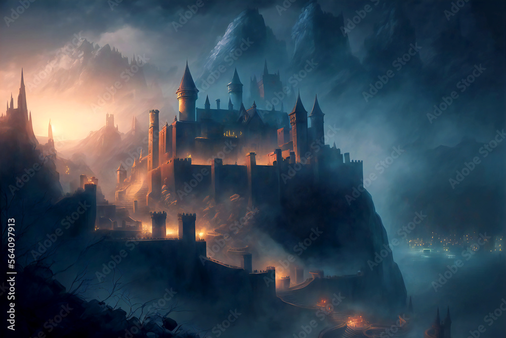 Fantasy world landscape, old castle, nature, mountain, digital illustration, AI generated