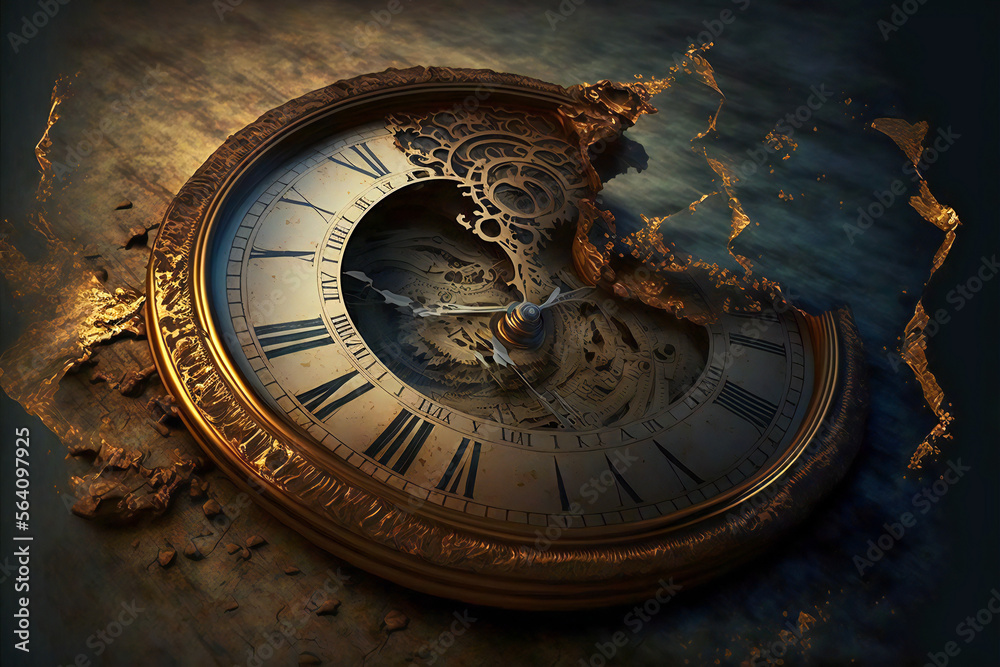 Abstract old broken clock illustration, generated by AI - obrazy, fototapety, plakaty 