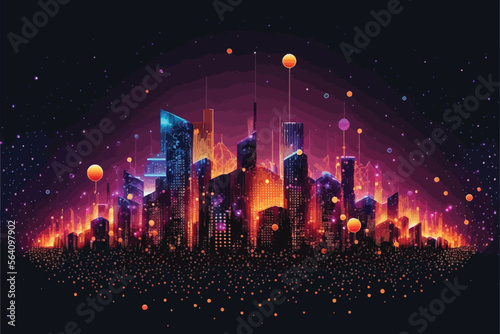 Abstract city background. Futuristic cityscape with glowing neon lights. Vector illustration.