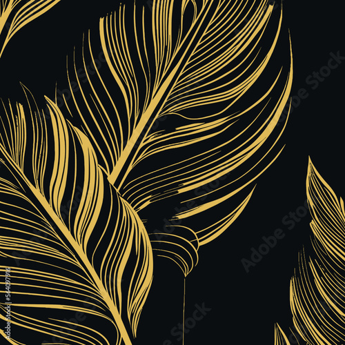 Golden feather leaves on black background. Seamless pattern. Vector illustration.