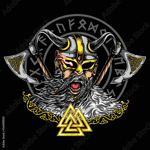 Angry Viking Warrior Head with Axe Vector Illustration
