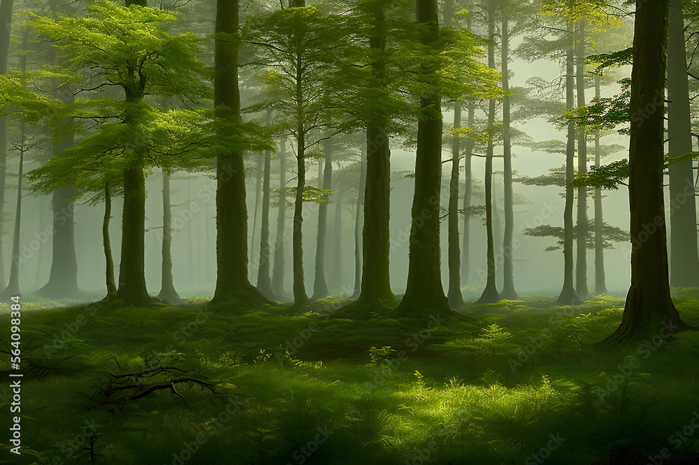 Obraz premium Realistic painting of Scottish or British medieval woodland forest, created with Generative AI technology