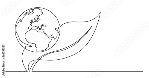 continuous line drawing vector illustration with FULLY EDITABLE STROKE of of planet earth and tree leaf
