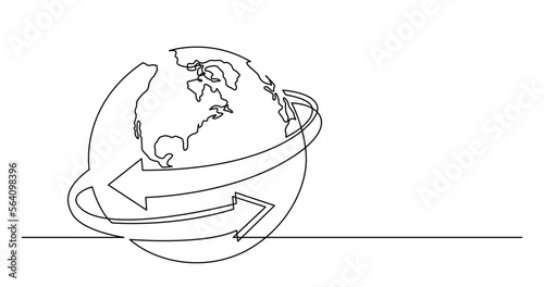 continuous line drawing vector illustration with FULLY EDITABLE STROKE of of world planet with connection arrows