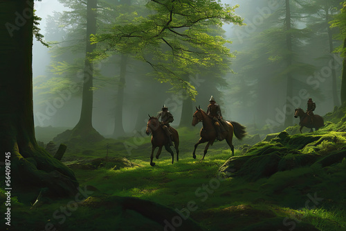 Realistic painting of Scottish or British medieval forest with warrior horsemen, created with Generative AI technology
