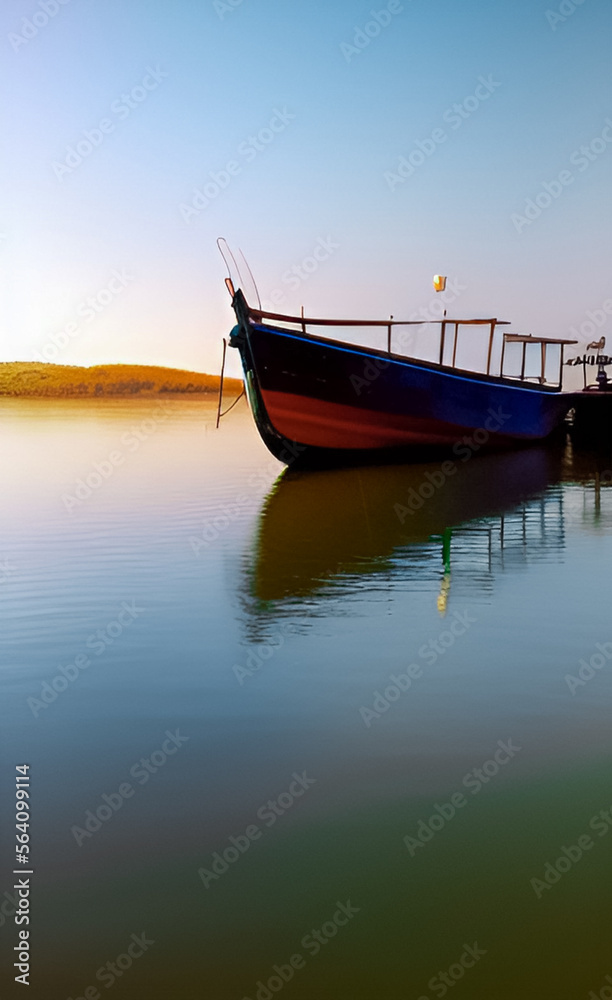 An Illustration image generative AI of boat on the sea at sunset