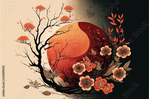 Dried tree, flowers, and sun. Yin and Yang. Vector illustration.