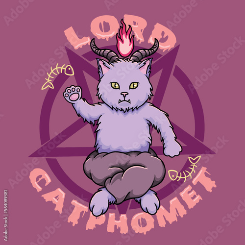Devil Cat Sitting Cross-Legged Ritual for Fish Vector Illustration