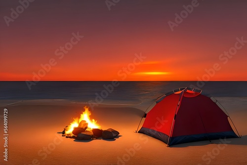 Camping on the Beach, with waves gently hitting the shore, and a camp fire alight on the beach