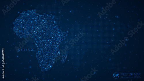 Map of Africa Continent modern design with polygonal shapes on dark blue background. Business wireframe mesh spheres from flying debris. Blue structure style vector illustration concept