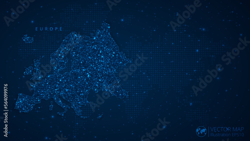 Map of Europe Continent modern design with polygonal shapes on dark blue background. Business wireframe mesh spheres from flying debris. Blue structure style vector illustration concept