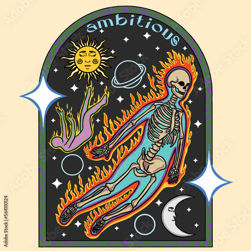 The Flying Human Skeleton Burned In His Ambition Vector Illustration