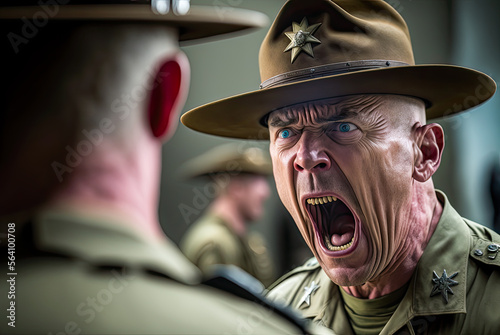 Drill sergeant screaming at a cadet. Generative AI photo