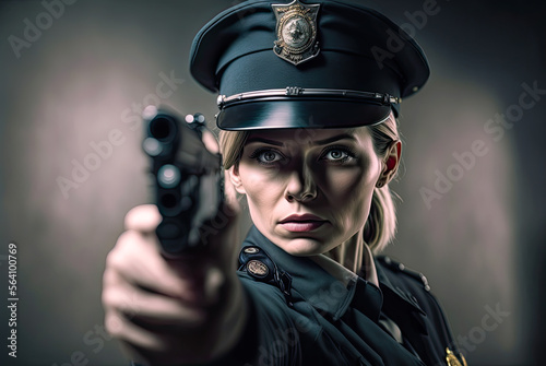 Policewoman pointing a gun. Fictitious badges. Generative AI photo