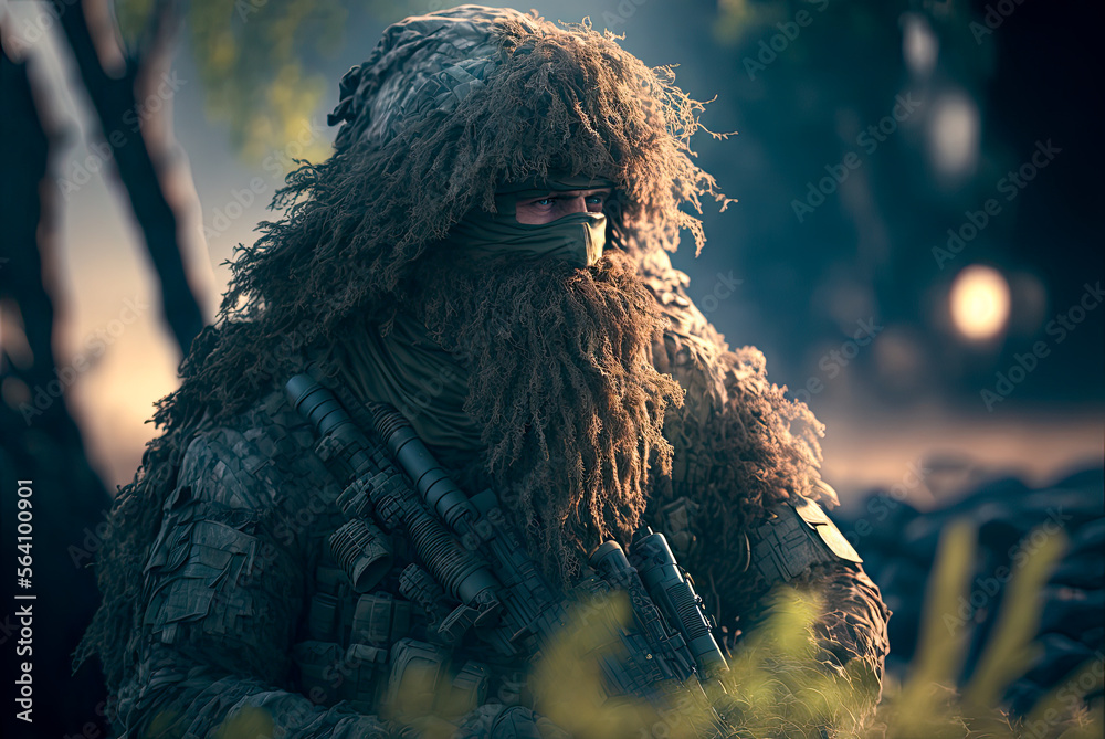 Sniper in a ghillie suit. Generative AI Stock Illustration | Adobe Stock
