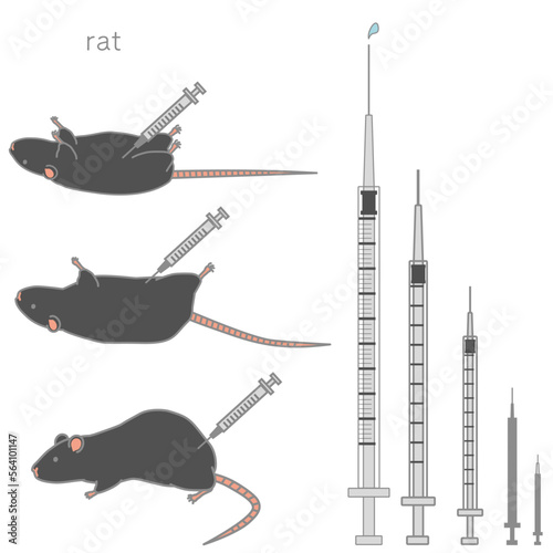様々な大きさの注射器＆注射されている黒いラットのベクターイラストセット