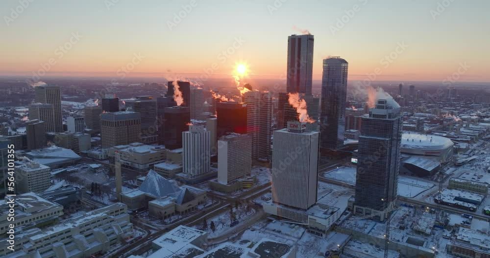 An aerial view of the sunset sky over Edmonton, Alberta, Canada in winter