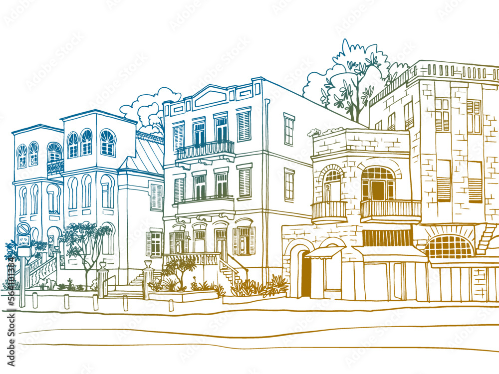 Nice Old street in Tel Aviv, Israel. Ink line sketch. Hand drawing. Colourful Vector illustration on  white background.