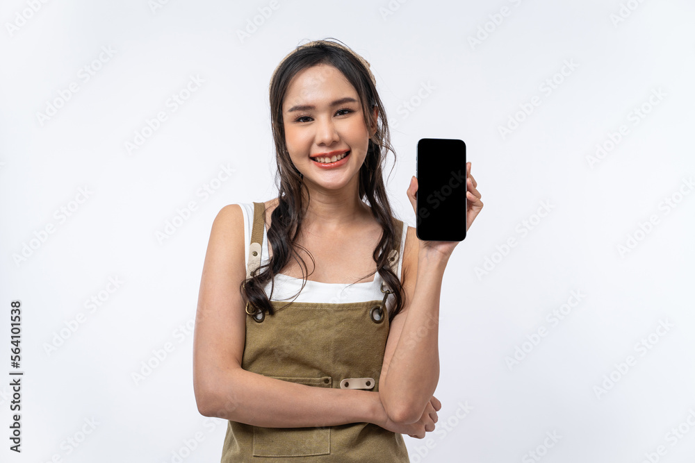 Happy Asian woman showing smartphone screen and feeling happy and cheerful isolated on white background. Happy Asian woman showing smartphone screen and feeling happy and cheerful isolated on white background.