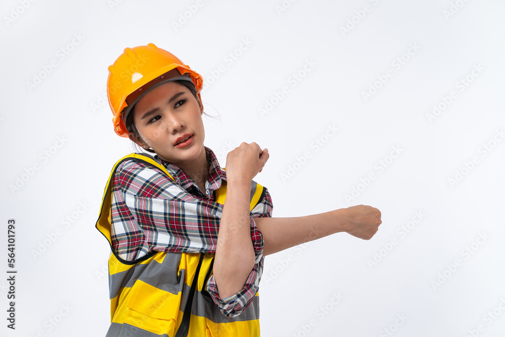 Asian woman engineer with safety helmet and stretching her arms isolated on white background. Asian woman engineer with safety helmet and stretching her arms isolated on white background.