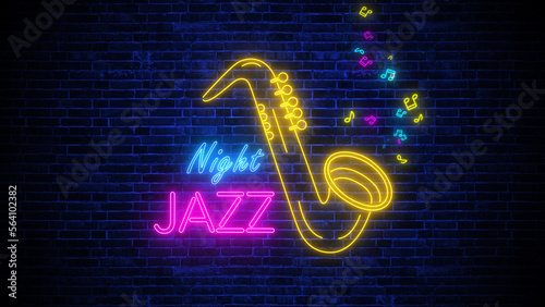 Photography neon lights colorful jazz night and saxophone sign on brick wall background, mus