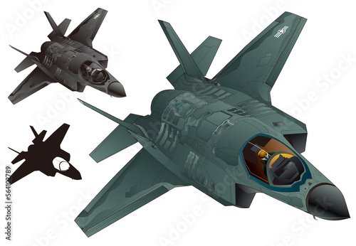 American stealth jet fighter aircraft F-35 Lightning II illustration (Dark green color and monotone, black silhouette set)