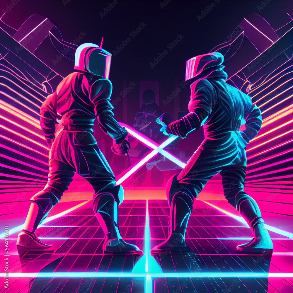 Fencing Players Playing on the Arena Cyberpunk Style. Generative Ai
