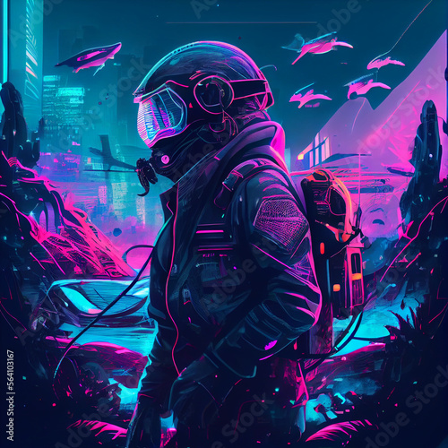 Scuba Diving Cyberpunk Style City Background. Generative Ai