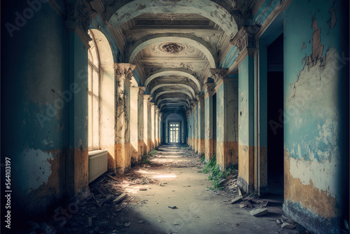 Forgotten Beauty: An abandoned old long vorridor with peeling paint, windows and doors, Generative AI